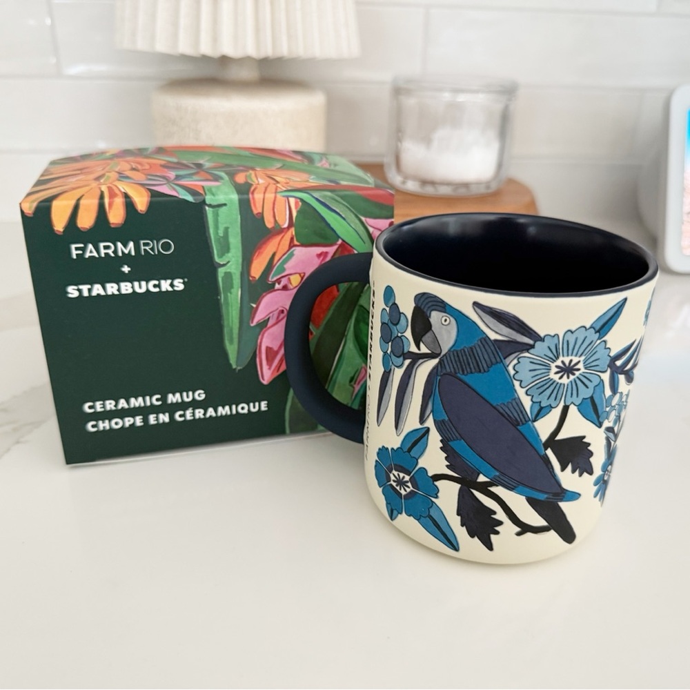 NWT Starbucks + Farm Rio Lenco Azulejo Blue Monotone Tropical Ceramic Mug